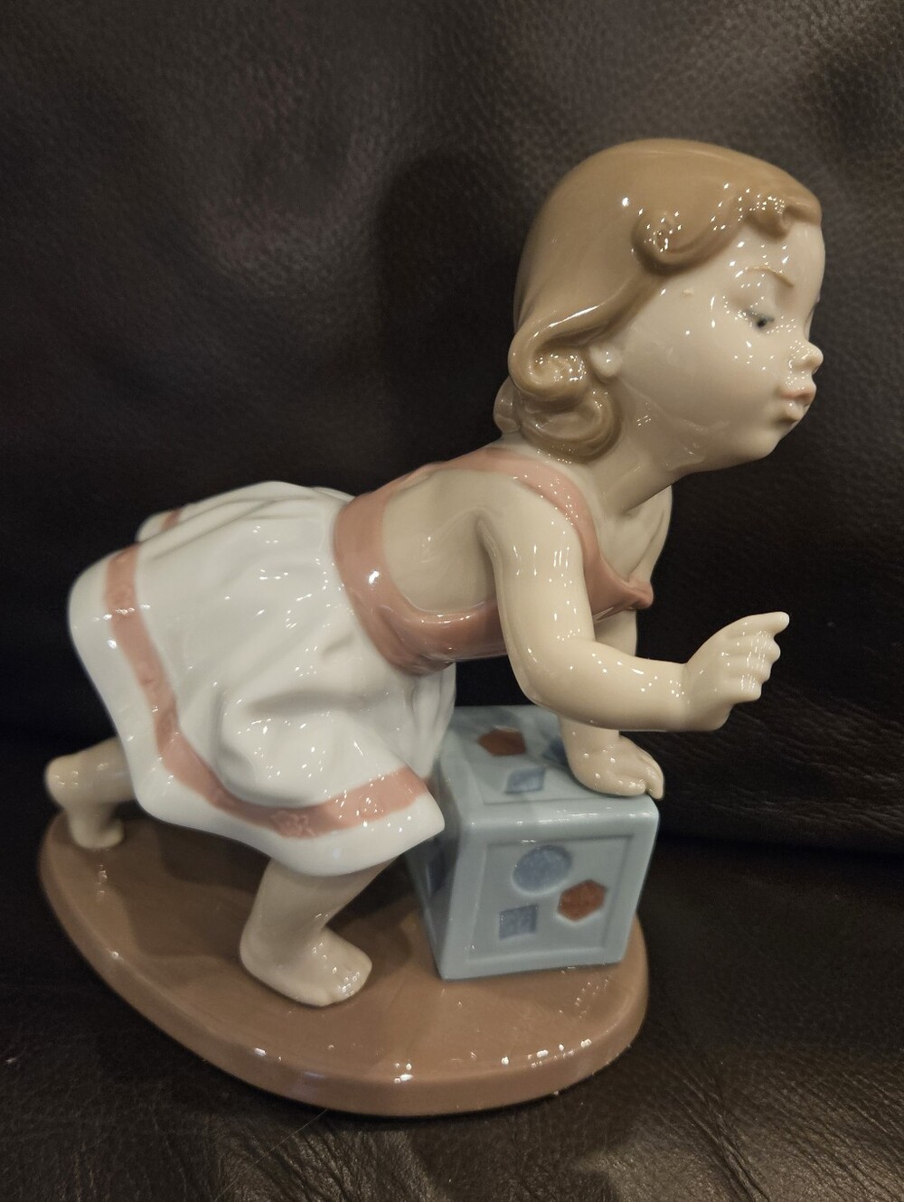 Lladro Figurine Girl in White and Pink Dress With Block
